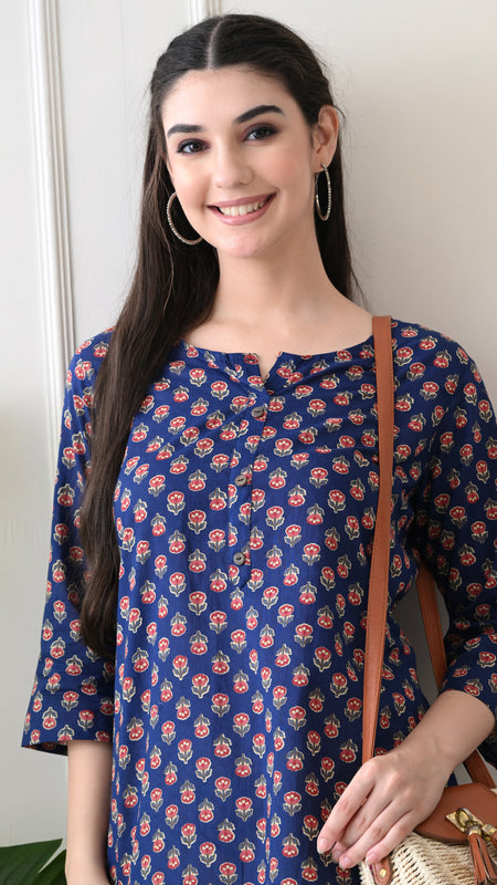 Navy Micro Butti Pure Cotton Casual 3/4th Sleeves Top for women