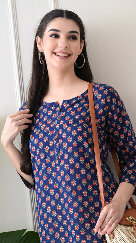 Navy Micro Butti Pure Cotton Casual 3/4th Sleeves Top for women