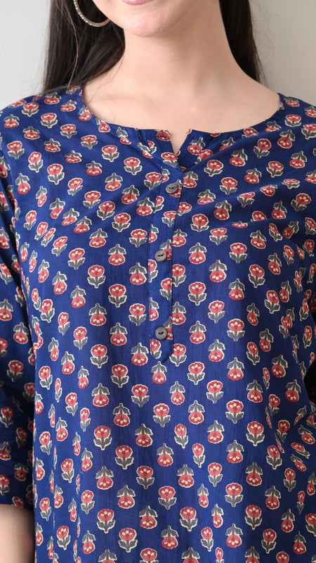 Navy Micro Butti Pure Cotton Casual 3/4th Sleeves Top for women