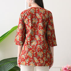 Red Colourful Block Pure Cotton Casual 3/4th Sleeves Top for women