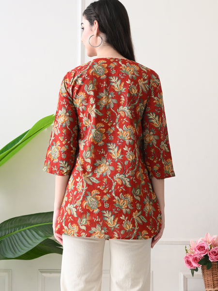 Red Colourful Block Pure Cotton Casual 3/4th Sleeves Top for women