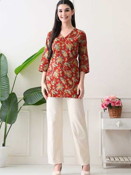 Red Colourful Block Pure Cotton Casual 3/4th Sleeves Top for women