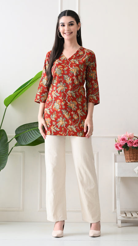 Red Colourful Block Pure Cotton Casual 3/4th Sleeves Top for women