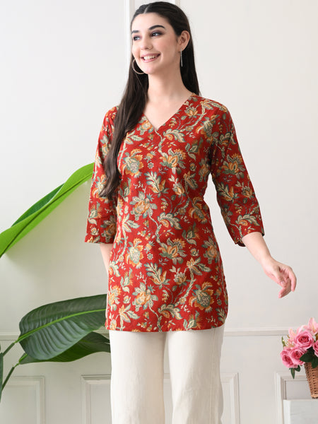 Red Colourful Block Pure Cotton Casual 3/4th Sleeves Top for women