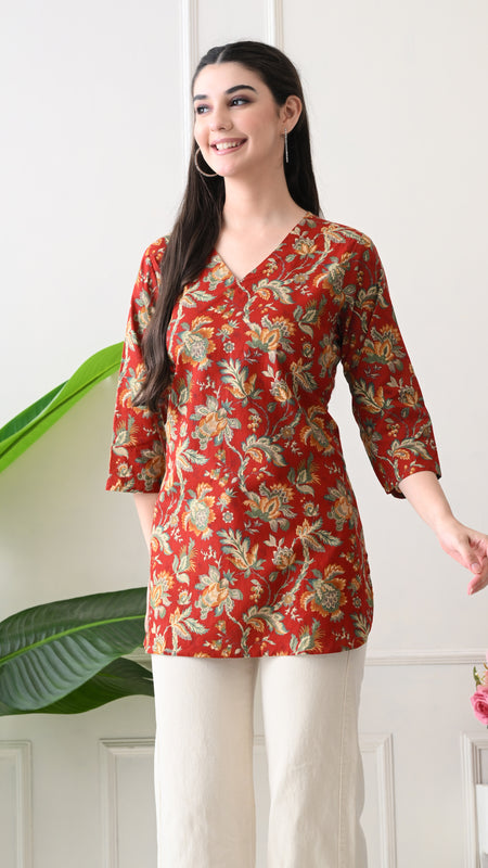 Red Colourful Block Pure Cotton Casual 3/4th Sleeves Top for women