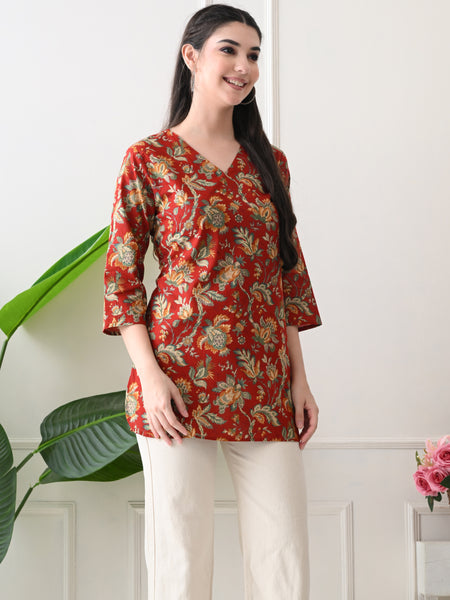 Red Colourful Block Pure Cotton Casual 3/4th Sleeves Top for women