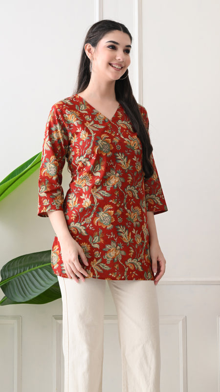 Red Colourful Block Pure Cotton Casual 3/4th Sleeves Top for women
