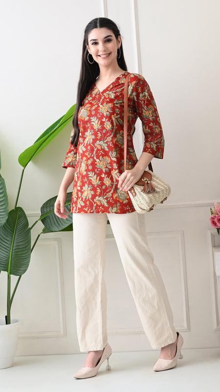 Red Colourful Block Pure Cotton Casual 3/4th Sleeves Top for women