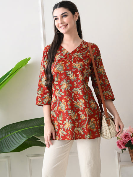 Red Colourful Block Pure Cotton Casual 3/4th Sleeves Top for women