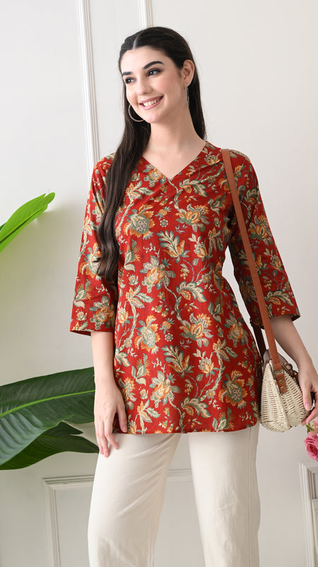 Red Colourful Block Pure Cotton Casual 3/4th Sleeves Top for women