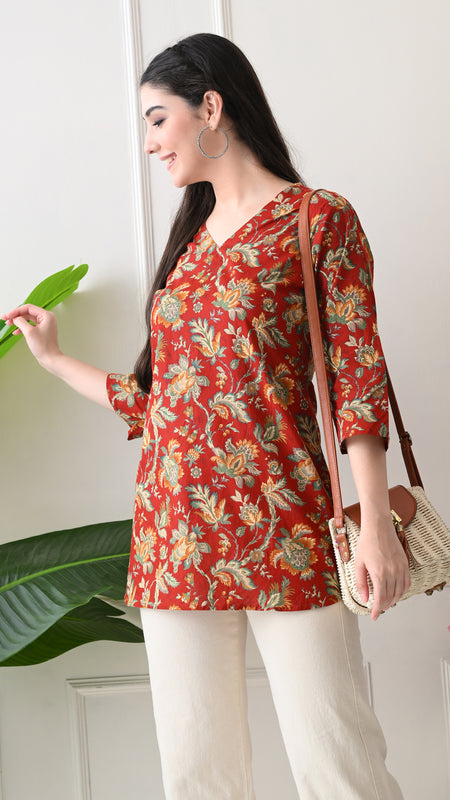 Red Colourful Block Pure Cotton Casual 3/4th Sleeves Top for women