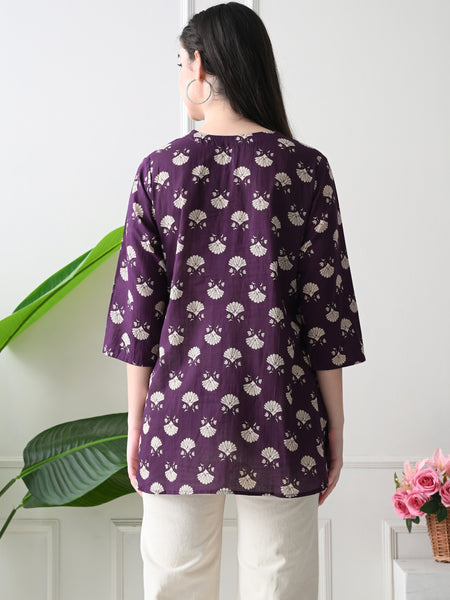 Violet Floral Butti Pure Cotton Casual 3/4th Sleeves Top for women
