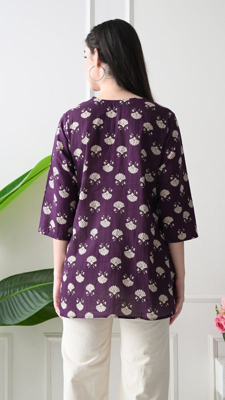 Violet Floral Butti Pure Cotton Casual 3/4th Sleeves Top for women