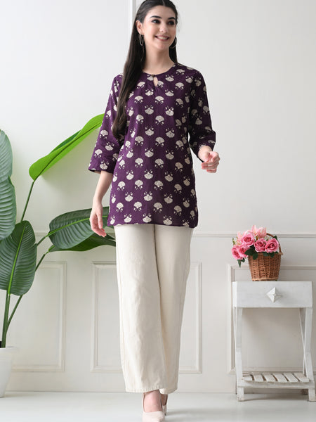 Violet Floral Butti Pure Cotton Casual 3/4th Sleeves Top for women