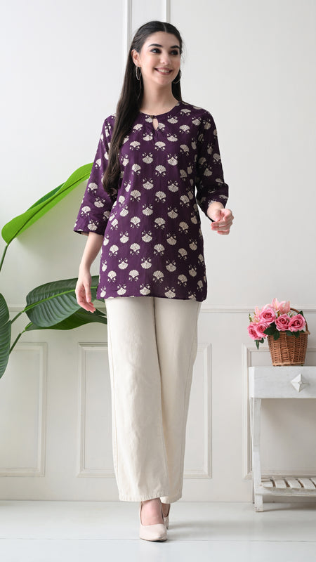 Violet Floral Butti Pure Cotton Casual 3/4th Sleeves Top for women