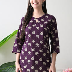 Violet Floral Butti Pure Cotton Casual 3/4th Sleeves Top for women