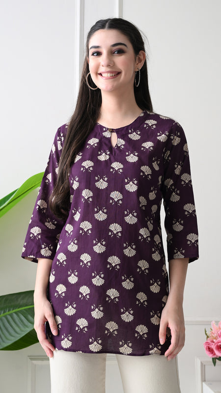 Violet Floral Butti Pure Cotton Casual 3/4th Sleeves Top for women