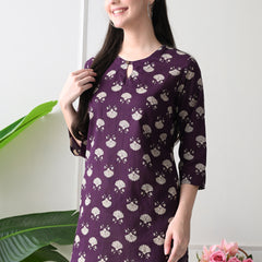 Violet Floral Butti Pure Cotton Casual 3/4th Sleeves Top for women