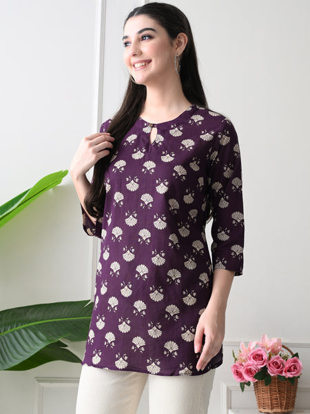 Violet Floral Butti Pure Cotton Casual 3/4th Sleeves Top for women