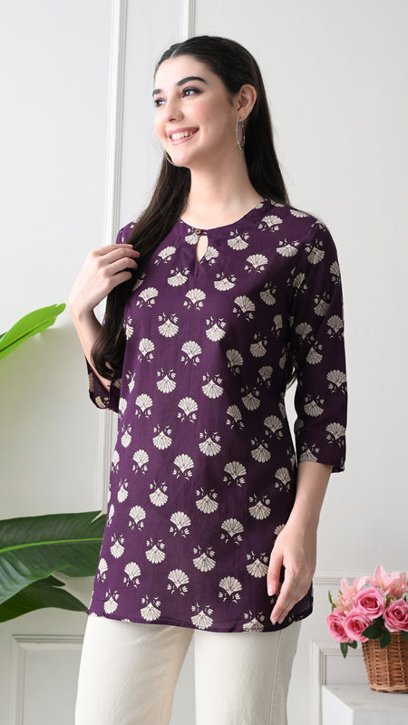 Violet Floral Butti Pure Cotton Casual 3/4th Sleeves Top for women