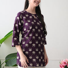 Violet Floral Butti Pure Cotton Casual 3/4th Sleeves Top for women