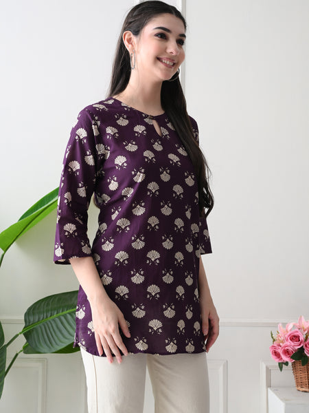 Violet Floral Butti Pure Cotton Casual 3/4th Sleeves Top for women