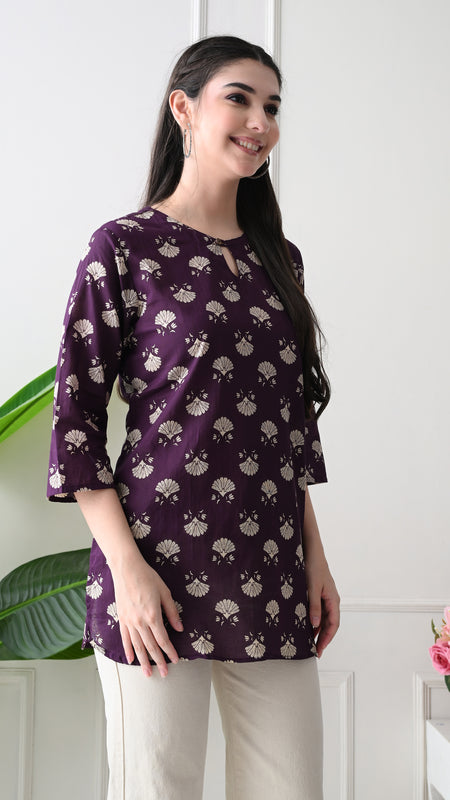 Violet Floral Butti Pure Cotton Casual 3/4th Sleeves Top for women