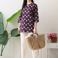 Violet Floral Butti Pure Cotton Casual 3/4th Sleeves Top for women