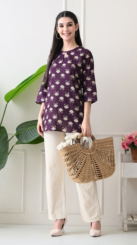 Violet Floral Butti Pure Cotton Casual 3/4th Sleeves Top for women