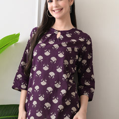 Violet Floral Butti Pure Cotton Casual 3/4th Sleeves Top for women