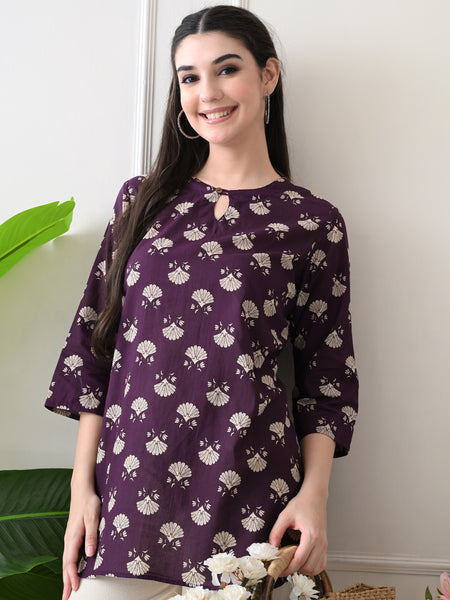 Violet Floral Butti Pure Cotton Casual 3/4th Sleeves Top for women