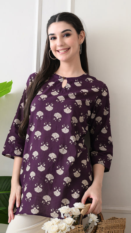 Violet Floral Butti Pure Cotton Casual 3/4th Sleeves Top for women