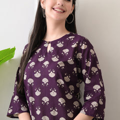 Violet Floral Butti Pure Cotton Casual 3/4th Sleeves Top for women