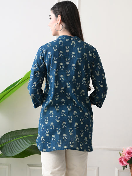 Teal Butti Pure Cotton Casual 3/4th Sleeves Top for women