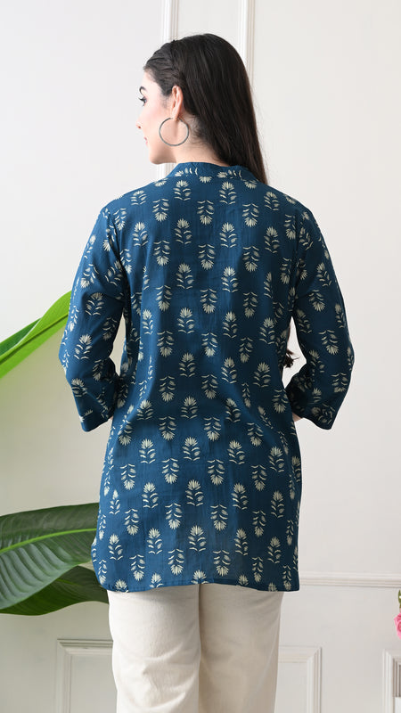 Teal Butti Pure Cotton Casual 3/4th Sleeves Top for women