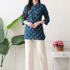 Teal Butti Pure Cotton Casual 3/4th Sleeves Top for women