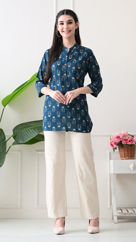 Teal Butti Pure Cotton Casual 3/4th Sleeves Top for women