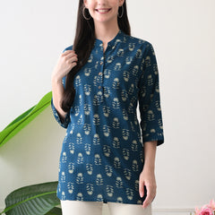 Teal Butti Pure Cotton Casual 3/4th Sleeves Top for women