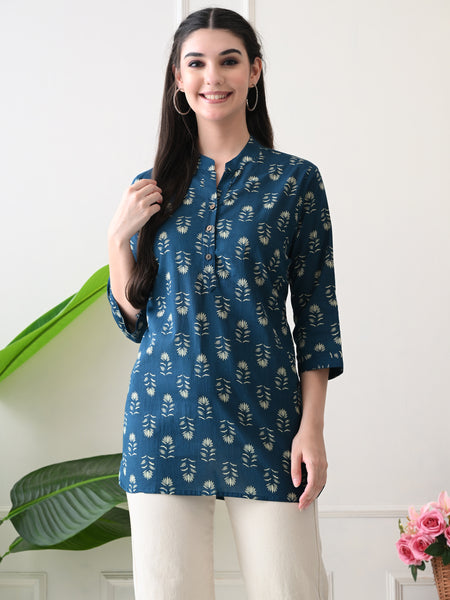 Teal Butti Pure Cotton Casual 3/4th Sleeves Top for women