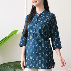 Teal Butti Pure Cotton Casual 3/4th Sleeves Top for women