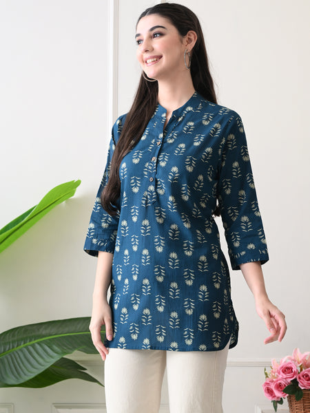 Teal Butti Pure Cotton Casual 3/4th Sleeves Top for women