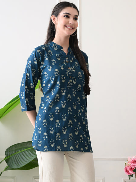 Teal Butti Pure Cotton Casual 3/4th Sleeves Top for women