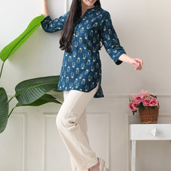 Teal Butti Pure Cotton Casual 3/4th Sleeves Top for women