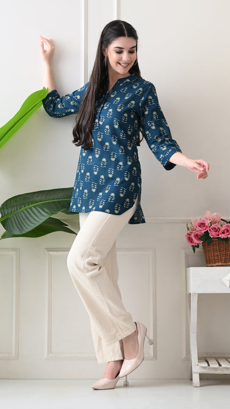 Teal Butti Pure Cotton Casual 3/4th Sleeves Top for women