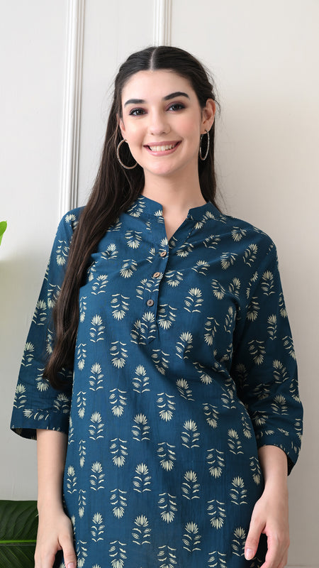 Teal Butti Pure Cotton Casual 3/4th Sleeves Top for women