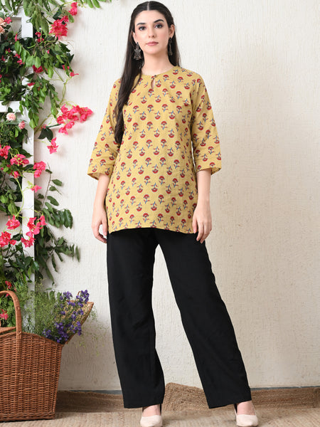 Beige Butti Pure Cotton Casual 3/4th Sleeves Top for women