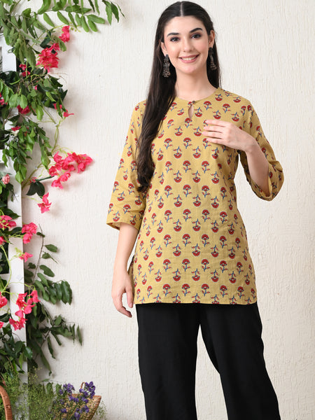 Beige Butti Pure Cotton Casual 3/4th Sleeves Top for women