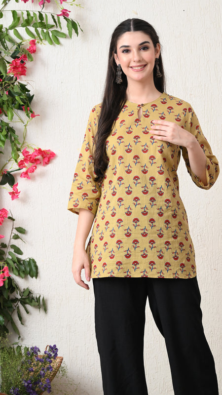 Beige Butti Pure Cotton Casual 3/4th Sleeves Top for women