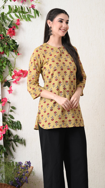 Beige Butti Pure Cotton Casual 3/4th Sleeves Top for women