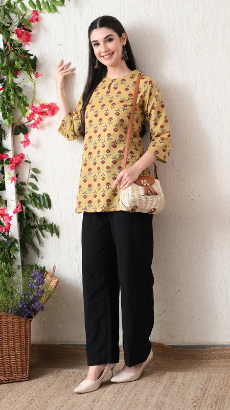 Beige Butti Pure Cotton Casual 3/4th Sleeves Top for women
